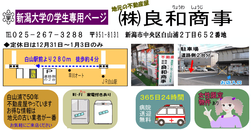 不動産屋 良和商事 新潟大学旭町キャンパスの学生向けアパート、マンション